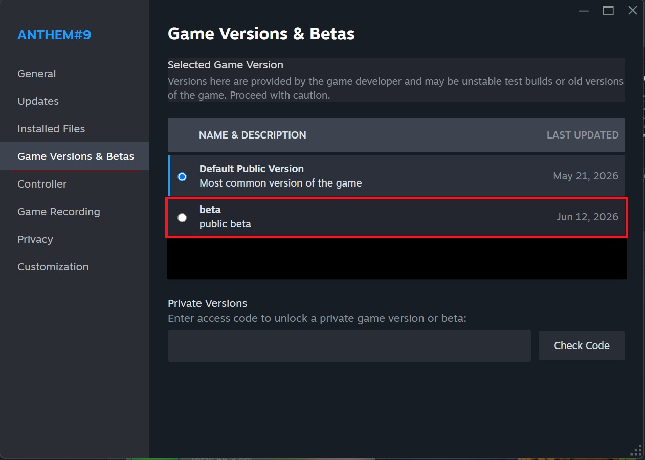 Example of selecting beta in Steam Game Versions & Betas